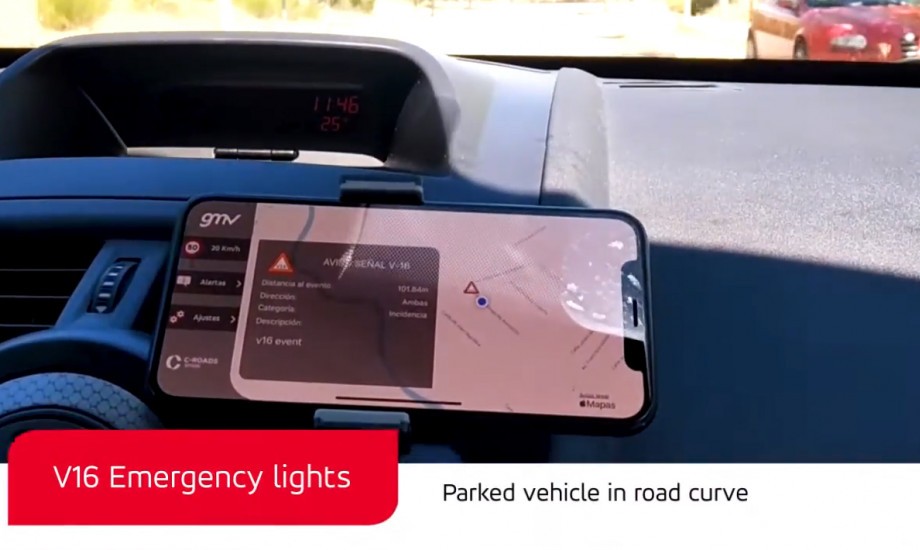 V-16 (Emergency Lights): Parked vehicle in road curve
